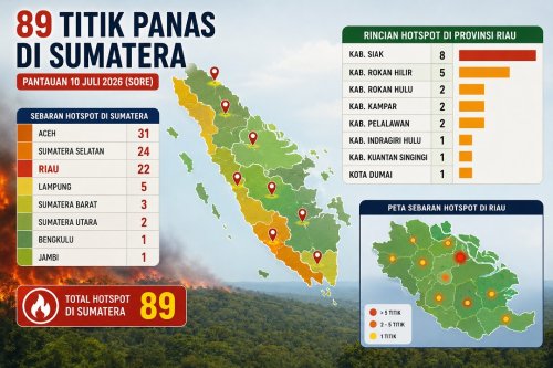 Sebaran titik panas di Sumatera dan Riau sore ini.(infografis/halloriau.com)