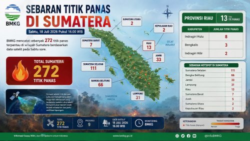 Sebaran titik panas di Sumatera dan Riau sore ini.(infografis/halloriau.com)